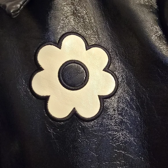 Hippocamp Paris Navy White Daisy Floral Faux Leather Jacket - Picture 2 of 3